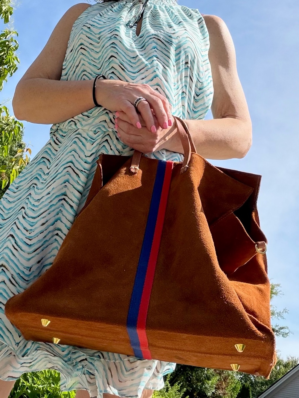 Clare V. Old Money Suede Simple Tote Camel Racing Stripe GUC - Picture 2 of 11